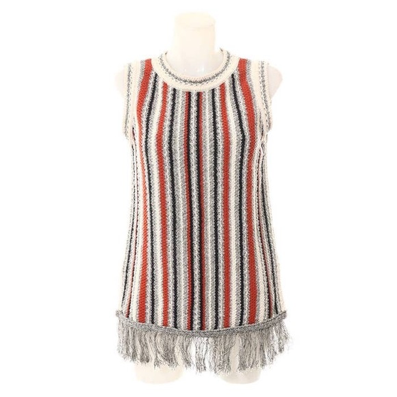 Massimo Dutti Boho Sleeveless Chunky Knit Sweater Tunic Striped Fringe Hem - Picture 5 of 9